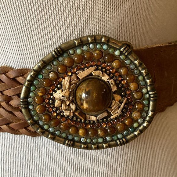 Woven Brown Leather Belt with Beaded Statement Buckle main image 13